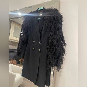 Black Jovani Feather Sleeves Deep V Jacket Dress w Rhinestone Buttons